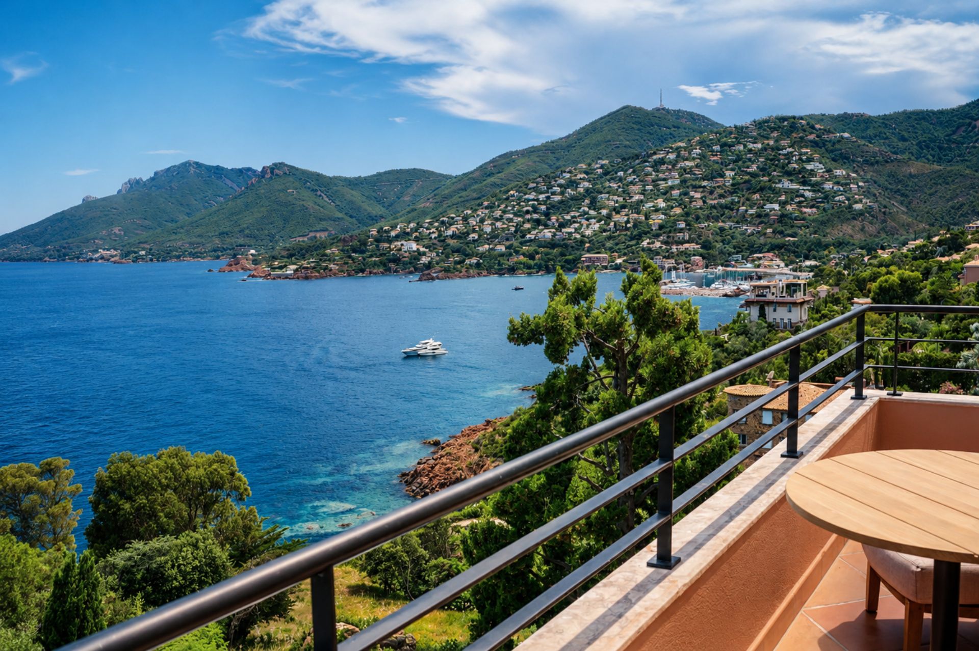 Terrasse avec vue mer panoramique sur la baie, un yacht et le massif de l'Estérel, hôtel 5 étoiles Le Yaktsa Théoule-sur-Mer